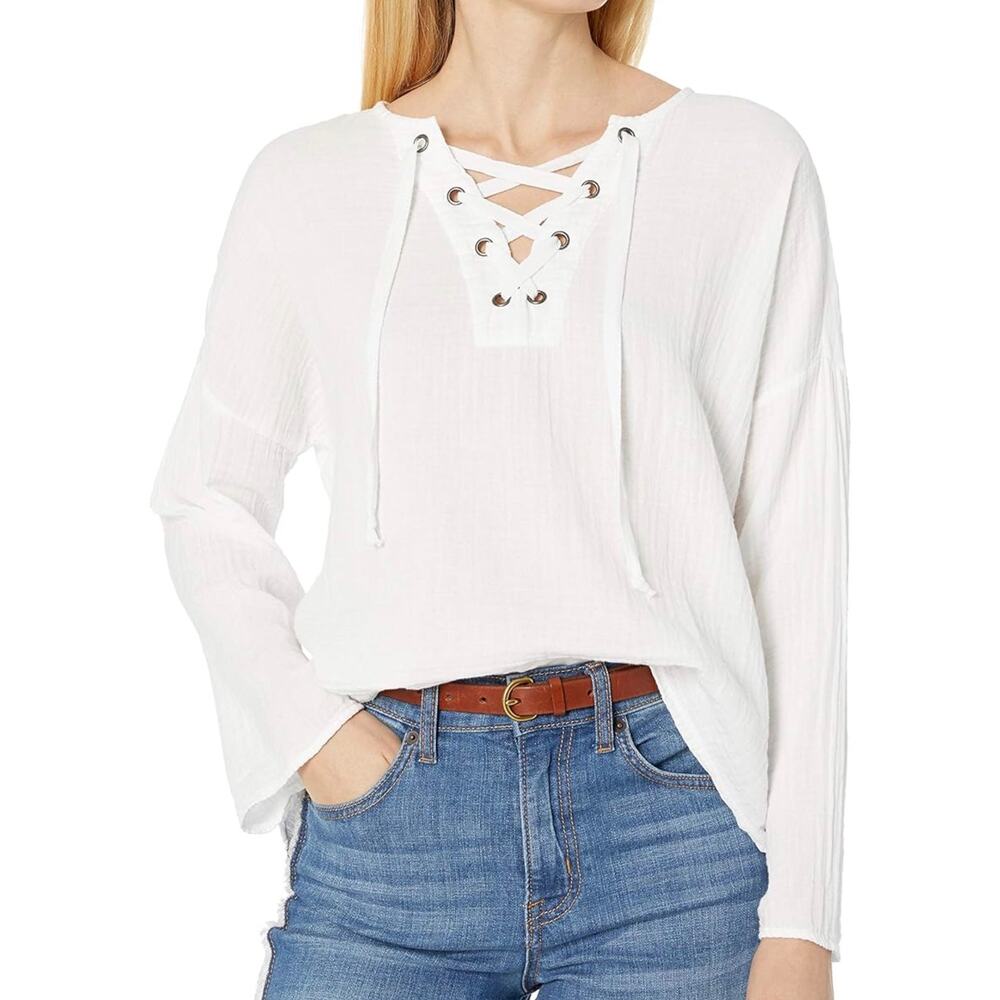Velvet Graham Spencer Slub Cotton Lace-up Popover Top S Oversized Nautical Beach